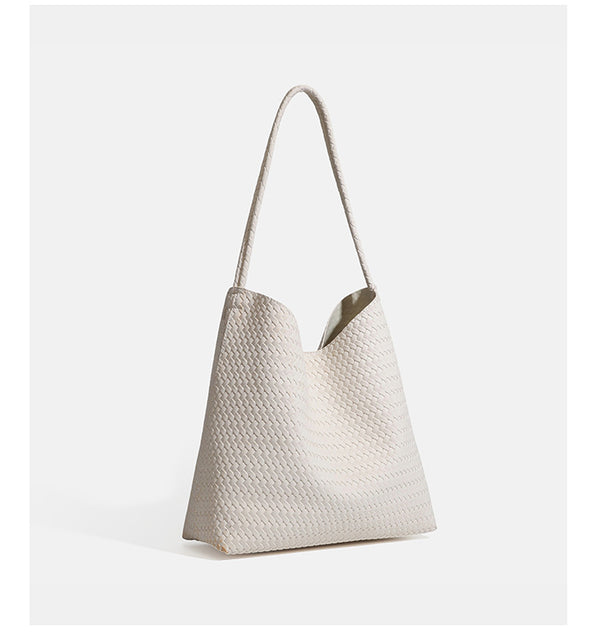 Large woven hobo shoulder bag with braided strap and matching zip pouch in dark brown, detail view 21