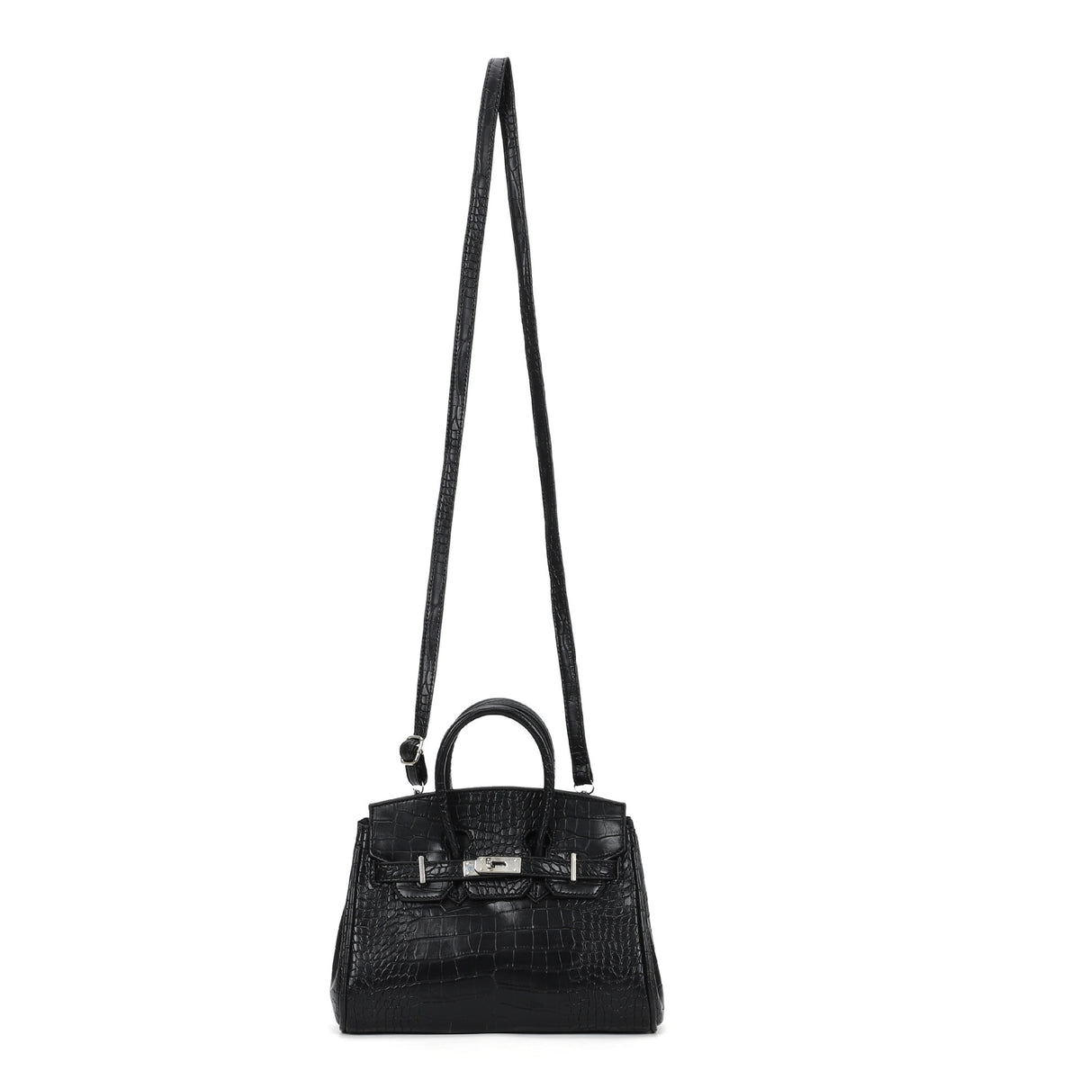 Croc-embossed structured trapezoid satchel with silver turn-lock hardware, rounded top handles, and detachable shoulder