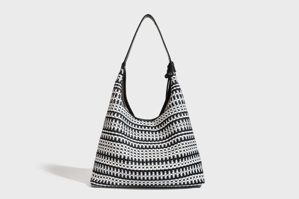 Slouchy woven stripe hobo shoulder bag with black-and-white pattern and leather-look strap, detail view 25