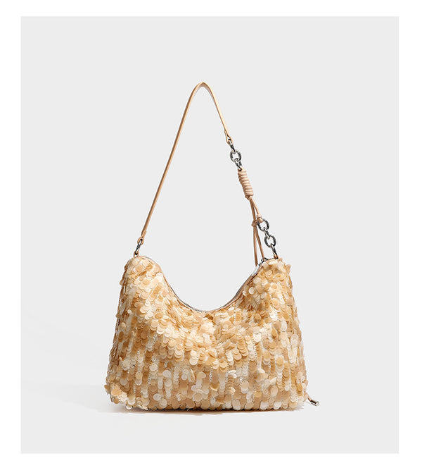 Slouchy paillette sequin hobo shoulder bag with zip closure and adjustable leather-look strap with silver chain hardware