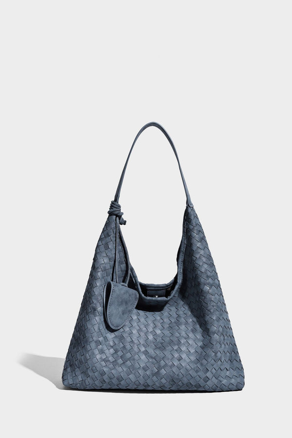 Slouchy woven hobo shoulder bag with knotted strap and matte leather-look textured finish, detail view 15