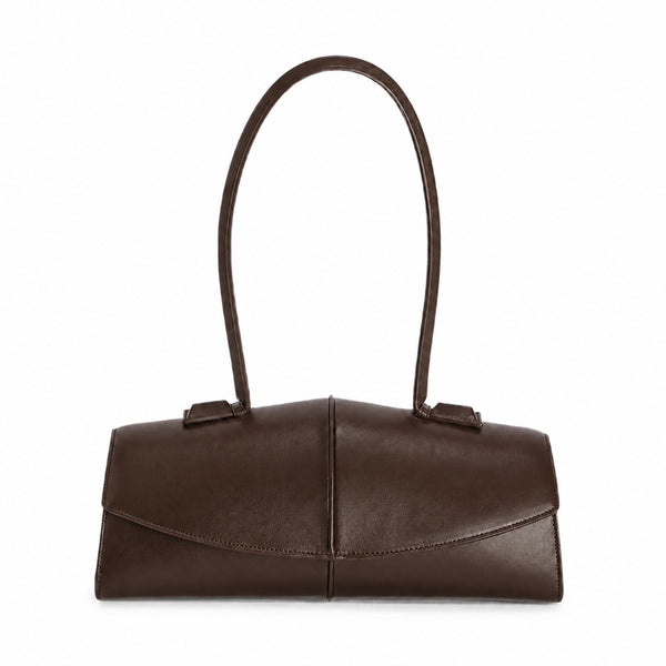 Elongated structured baguette shoulder bag with curved flap closure and slim looped strap, detail view 3