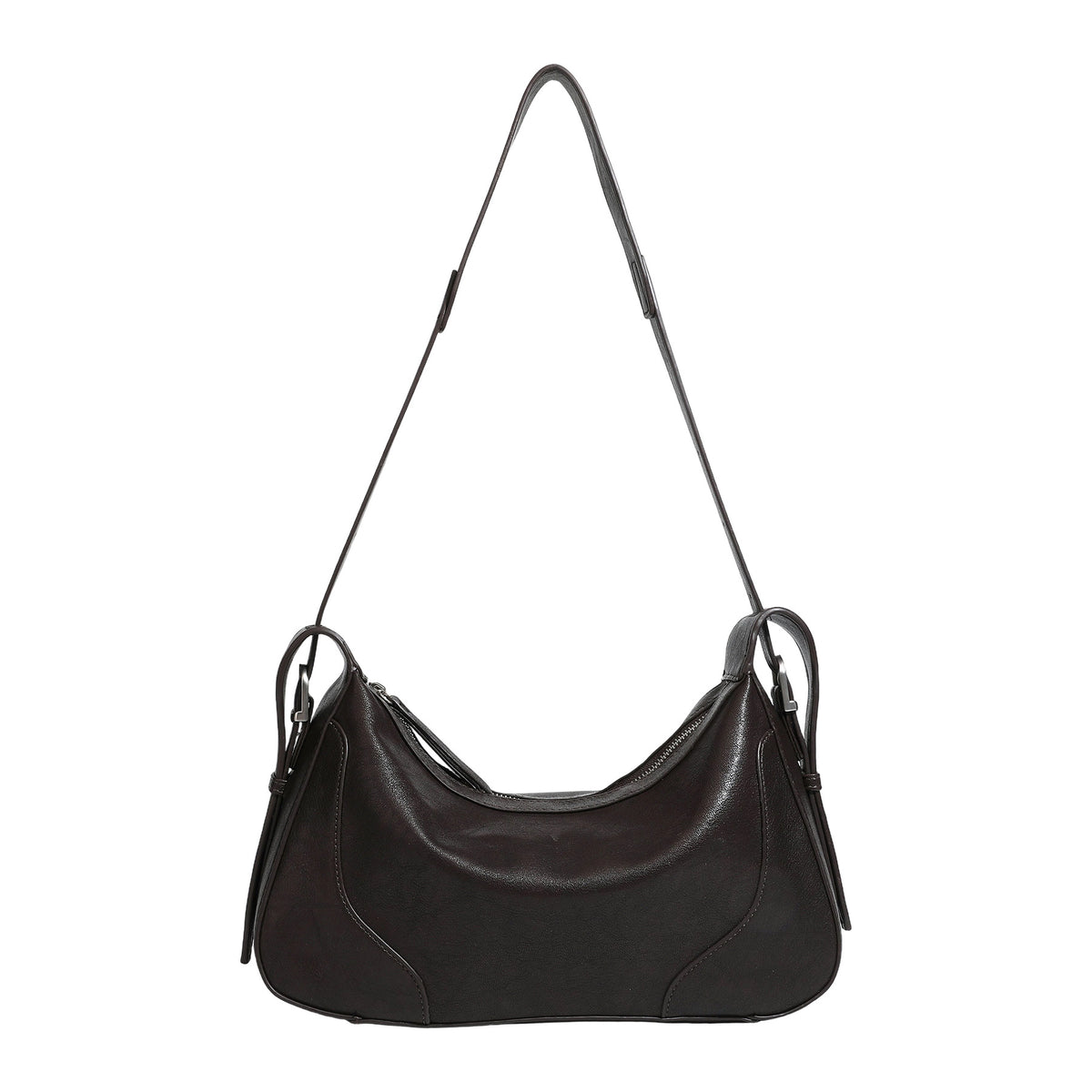 Dark brown curved zip-top hobo shoulder bag with slim adjustable strap and silver-tone hardware, detail view 5