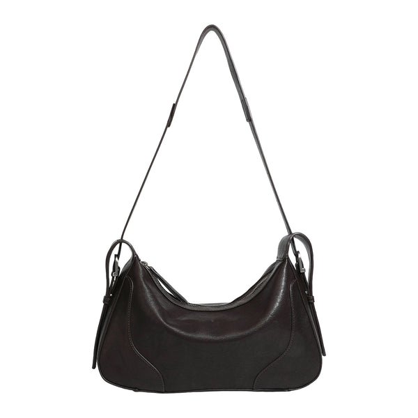 Dark brown curved zip-top hobo shoulder bag with slim adjustable strap and silver-tone hardware, detail view 5