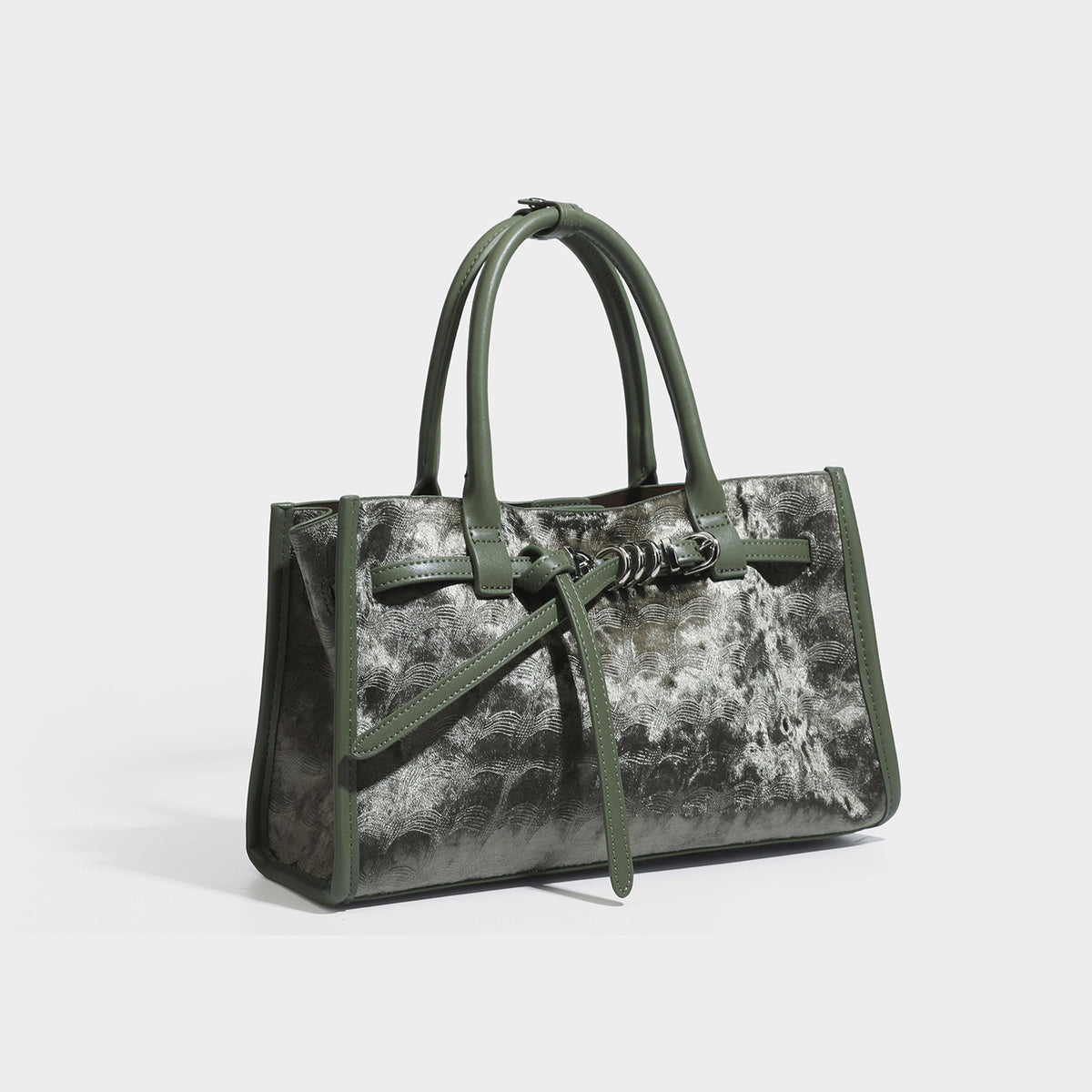 Strukturierte rechteckige Tote-Bag mit melierten, samtähnlich strukturierten Einsätzen, glattem Kontrastbesatz und zwei abgerundeten Henkeln oben