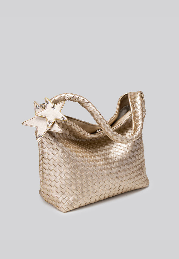 Large woven leather-look hobo shoulder bag with braided strap and star charm, detail view 13