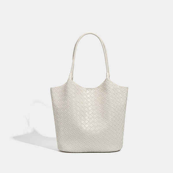 Large woven-texture open-top tote bag with single shoulder strap in butter yellow, detail view 8