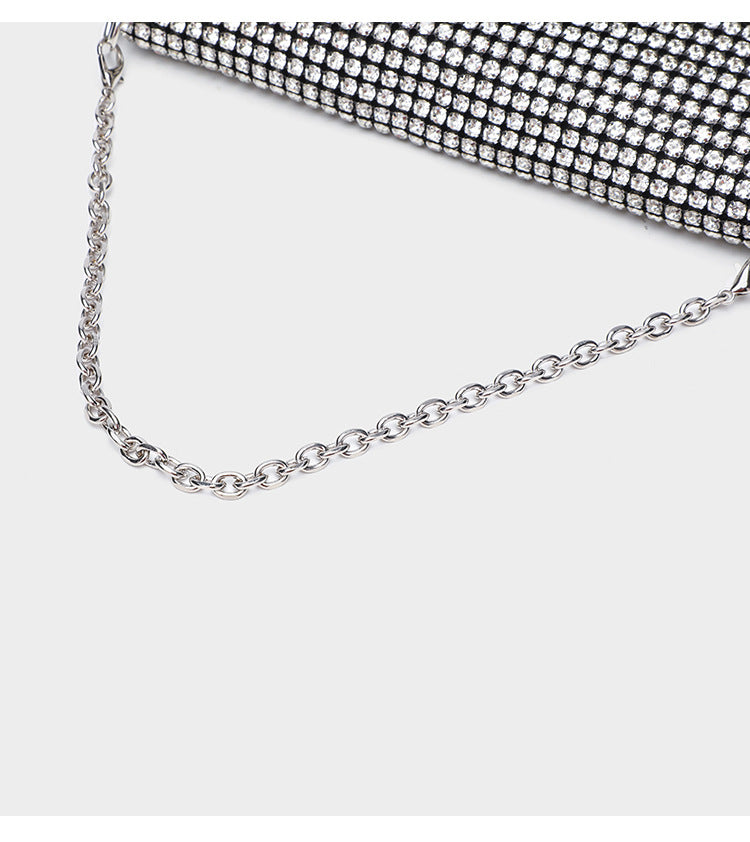 Small rectangular all-over rhinestone flap crossbody clutch bag with silver chain strap, detail view 14