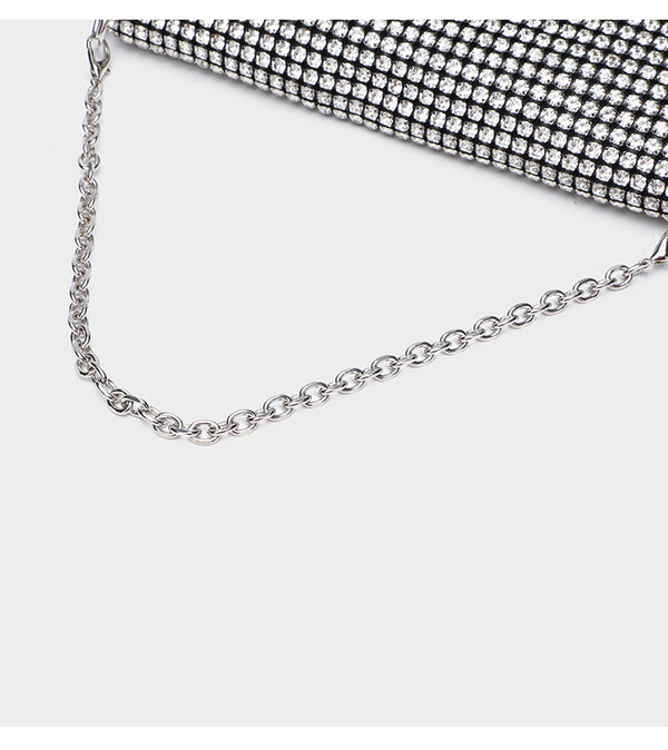 Small rectangular all-over rhinestone flap crossbody clutch bag with silver chain strap, detail view 14