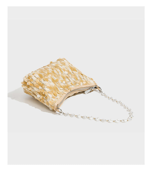 Small crescent sequin shoulder bag with pearl beaded strap and zip closure, detail view 15