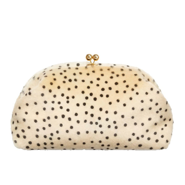 Rounded spotted faux-fur kiss-lock clutch bag with gold-tone chain strap in cream with black dot print, detail view 5