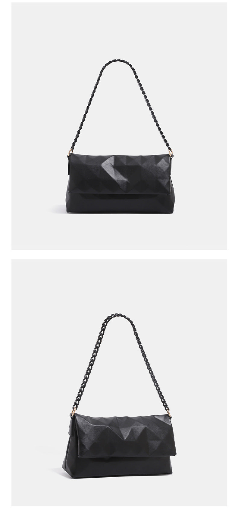 Geometric faceted flap shoulder bag with braided chain strap in black and ivory leather-look finish, detail view 8