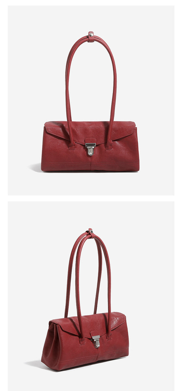 Compact structured rectangular flap shoulder bag with silver-tone turn-lock clasp and long rounded handles, detail view 12