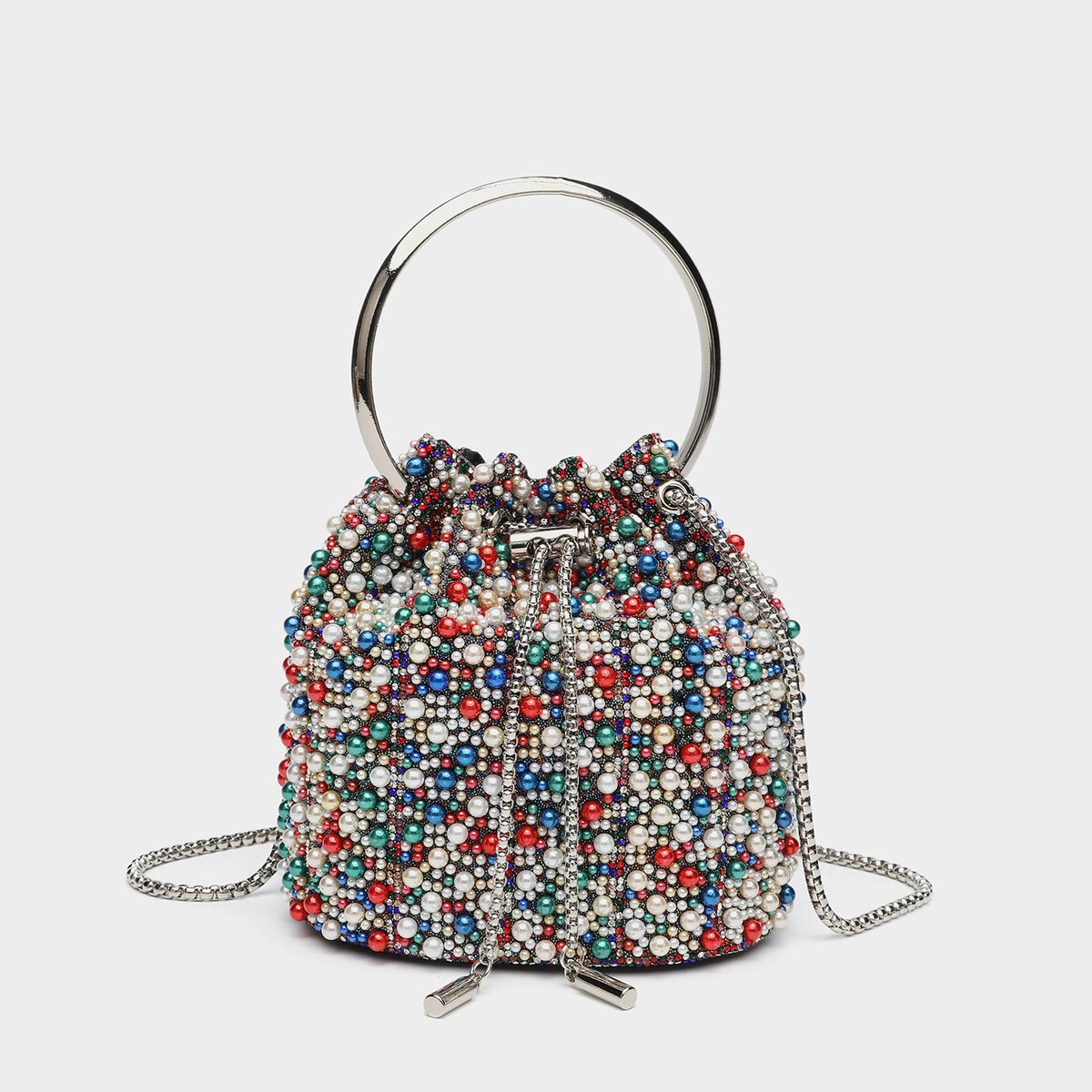 Small pearl-beaded drawstring bucket bag with silver-tone ring top handle and chain shoulder strap, detail view 11