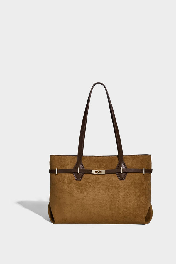 Structured suede-look shopper tote with wraparound belt strap and gold turn-lock clasp, long dark brown shoulder handles