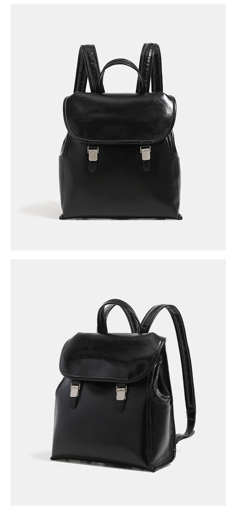 Structured glossy leather-look flap backpack with twin buckle closures and top grab handle, detail view 13