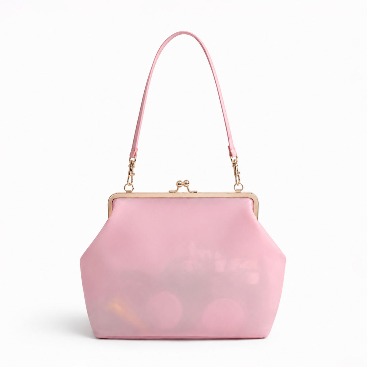 Structured translucent pastel frame-clasp shoulder bag with gold-tone hinged ball clasp and slim top handle, detail view 10