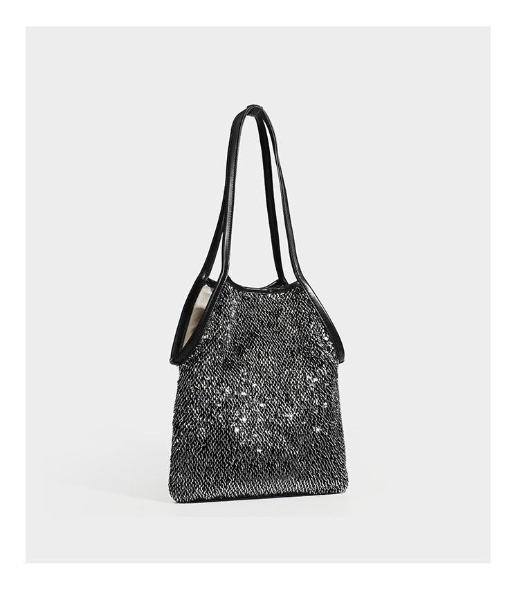 Kleine Schulter-Tote-Bag mit Pailletten, langem Metallic-Riemen und trapezförmiger Silhouette, Detailansicht 21