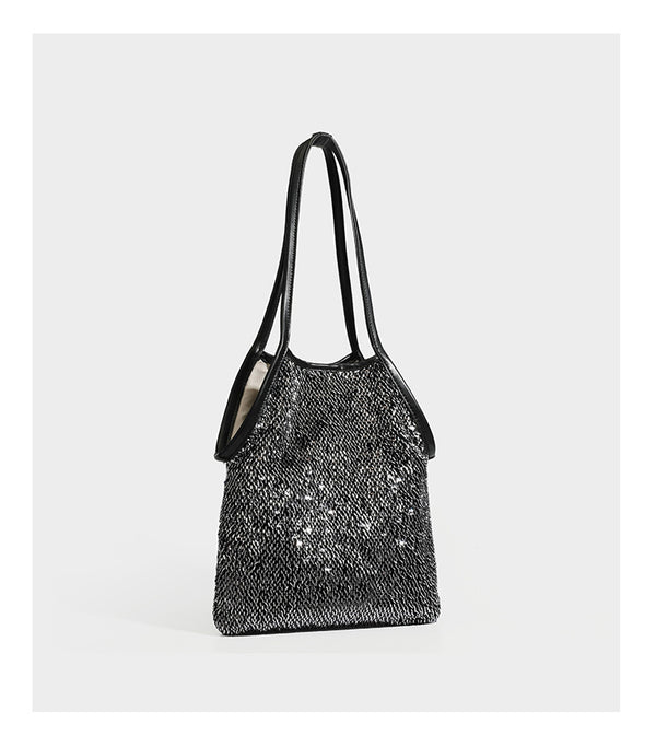Kleine Schulter-Tote-Bag mit Pailletten, langem Metallic-Riemen und trapezförmiger Silhouette, Detailansicht 21