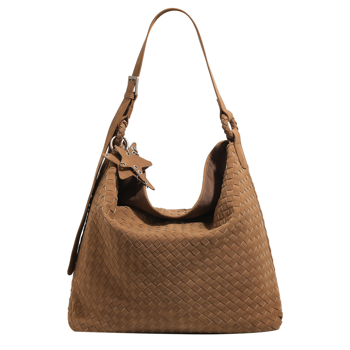 Slouchy woven hobo shoulder bag with matte suede-like finish, adjustable strap, and star charm hardware, detail view 5