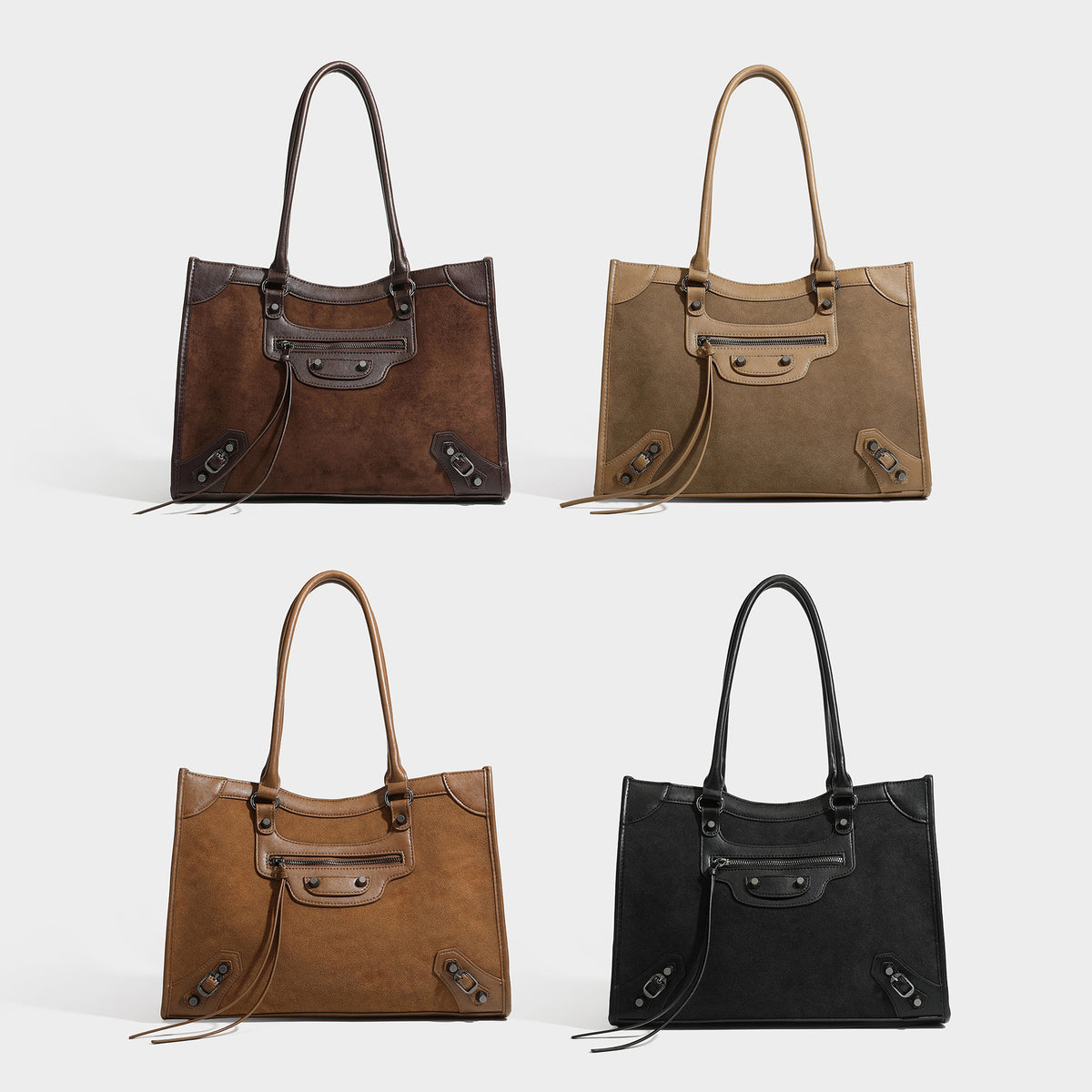 Large structured tote bag with matte suede-like body, smooth leather-look trim, front zip pocket, stud hardware, and