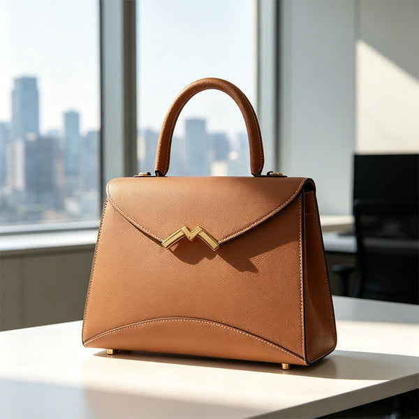 Structured trapezoid top-handle satchel in golden brown cross-grain textured finish with gold M-shaped clasp hardware and