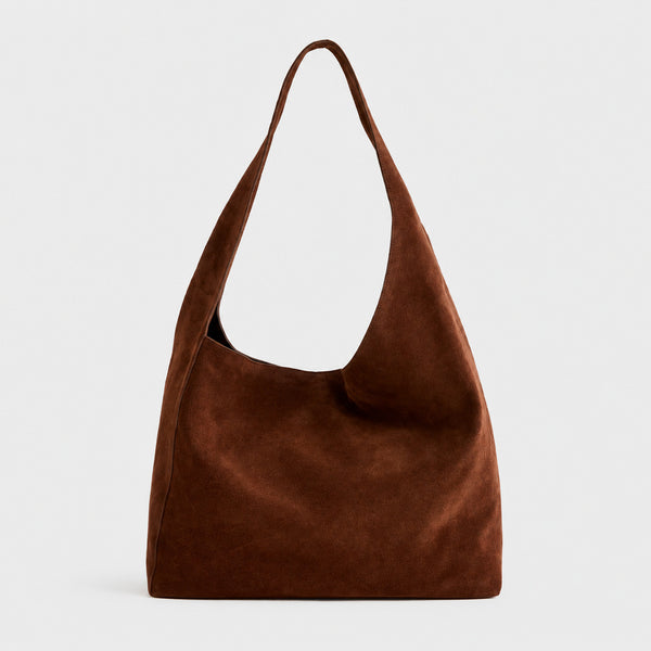Large slouchy hobo shoulder bag in brushed suede-like finish with single flat strap and unstructured body, detail view 13