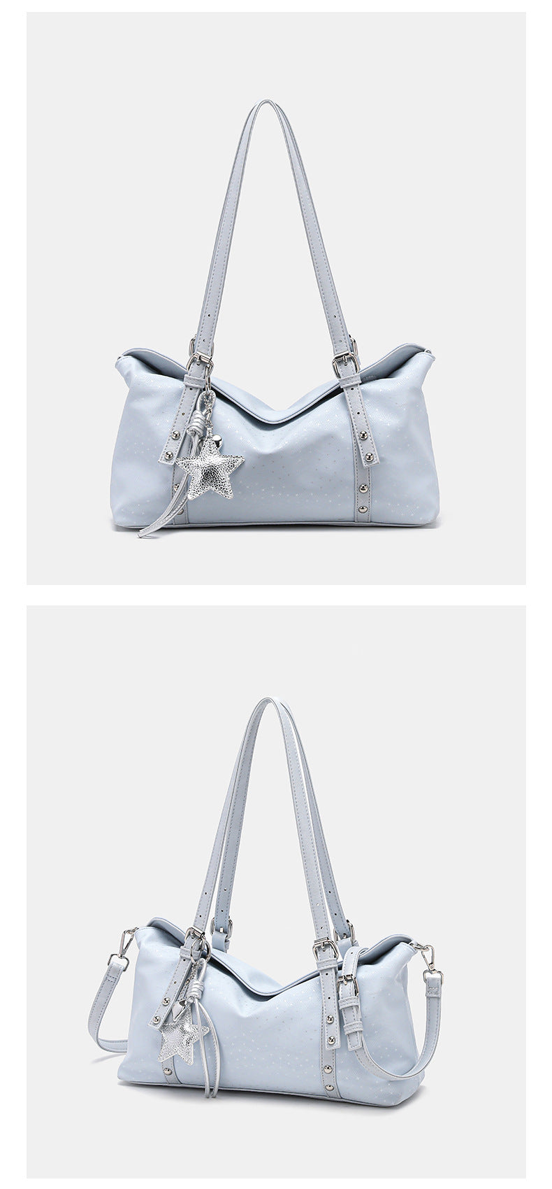 Slouchy leather-look shoulder tote bag with star charm pendant, silver-tone rivets and buckles, detail view 8