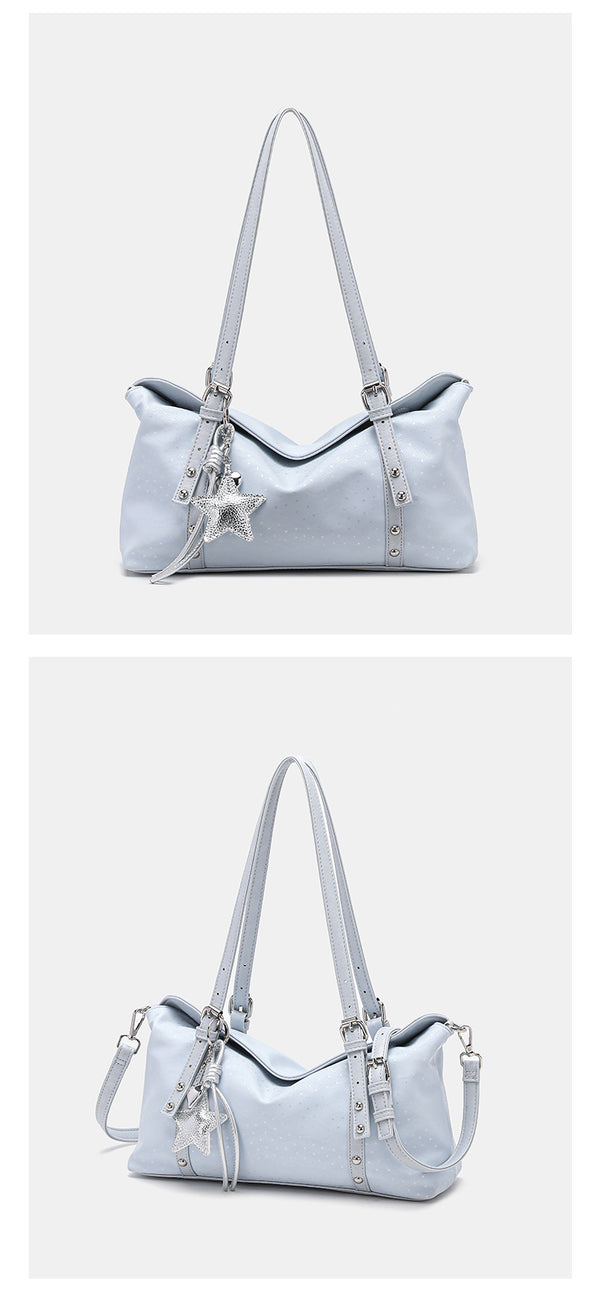 Slouchy leather-look shoulder tote bag with star charm pendant, silver-tone rivets and buckles, detail view 8