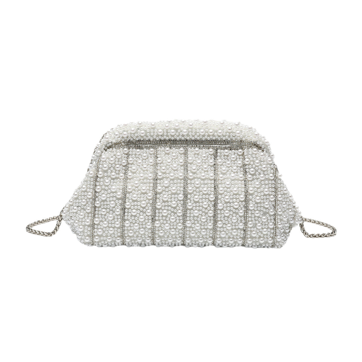 Structured faux-pearl beaded evening clutch bag with silver-tone chain strap and top zip closure, detail view 5