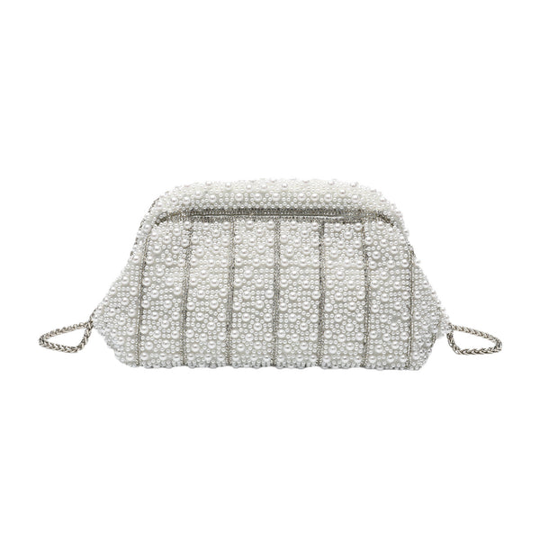 Structured faux-pearl beaded evening clutch bag with silver-tone chain strap and top zip closure, detail view 5