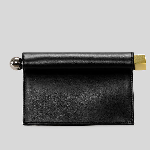 Structured rectangular clutch bag with rolled-top bar closure, gold-tone and silver-tone mixed metal hardware, detail view 7