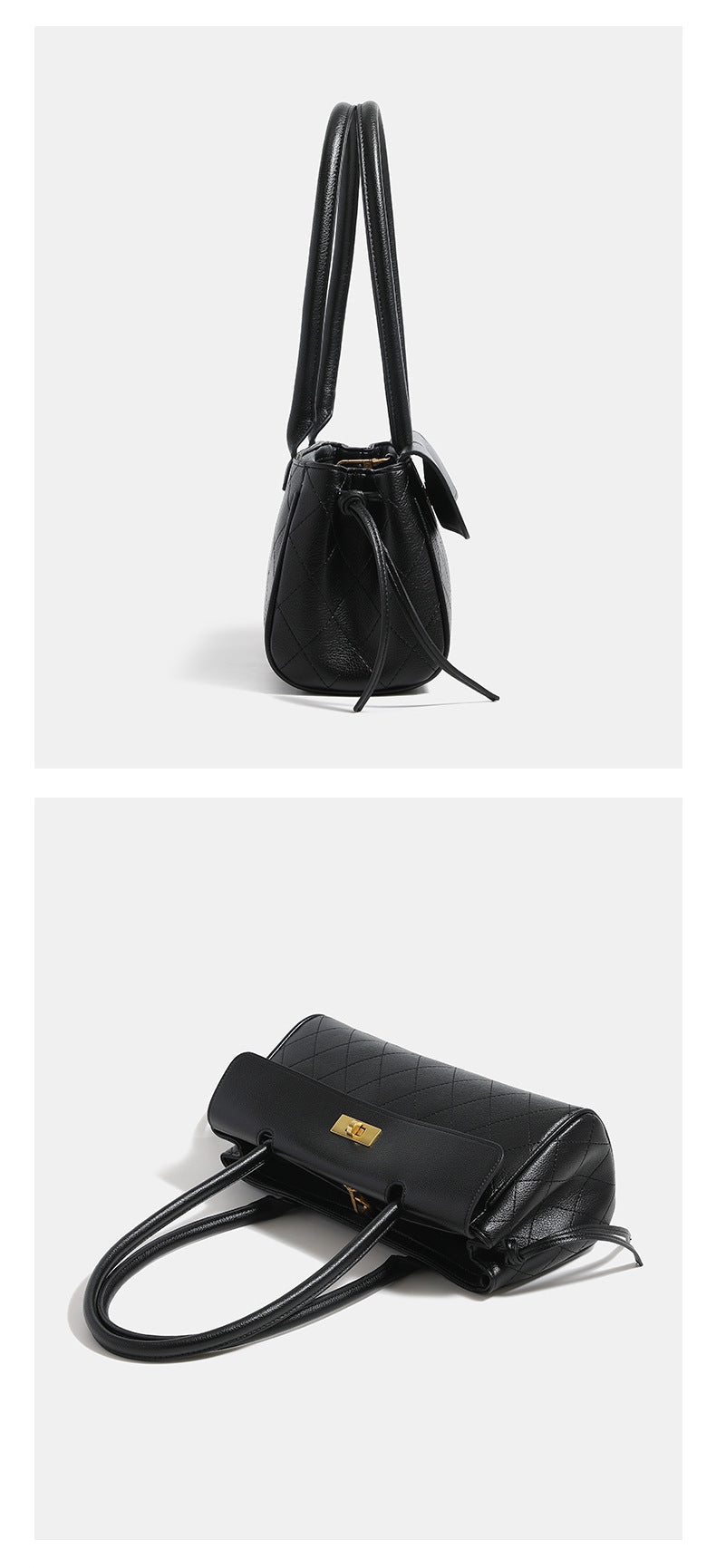 Structured quilted diamond-stitch baguette handbag with gold-tone turn-lock closure and dual top handles, detail view 12
