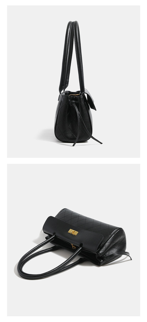 Structured quilted diamond-stitch baguette handbag with gold-tone turn-lock closure and dual top handles, detail view 12