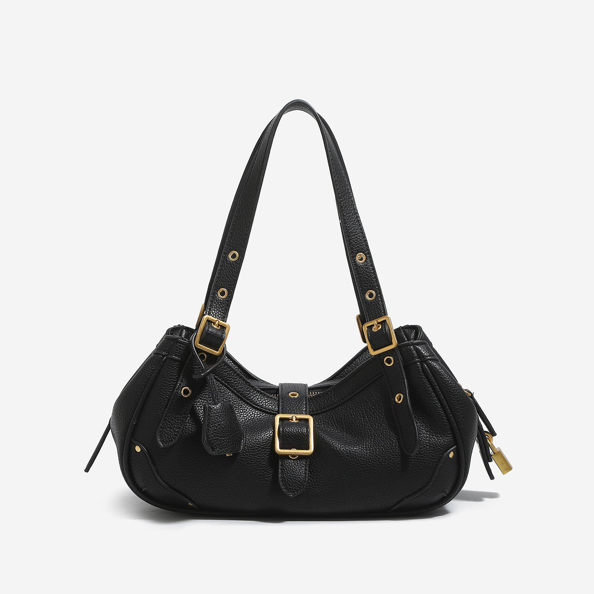 Slouchy pebbled leather-look underarm hobo bag with antique gold-tone square buckle, grommet-studded adjustable shoulder
