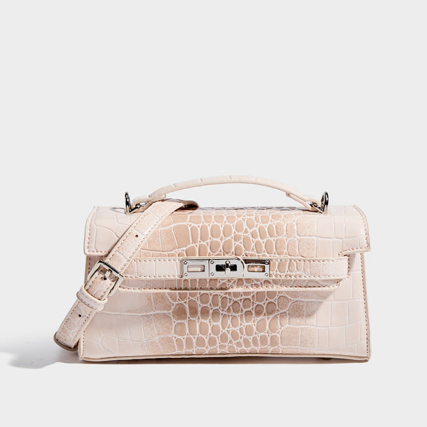 Compact structured flap satchel with glossy crocodile-embossed leather-look finish, silver-tone turn-lock hardware, and