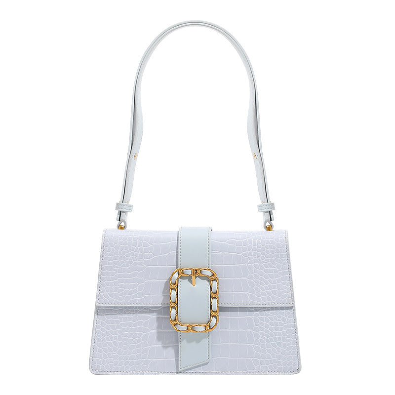 Structured crocodile-embossed flap shoulder bag with gold chain buckle hardware and adjustable strap, detail view 5