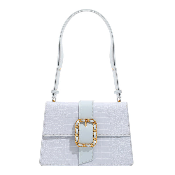 Structured crocodile-embossed flap shoulder bag with gold chain buckle hardware and adjustable strap, detail view 5