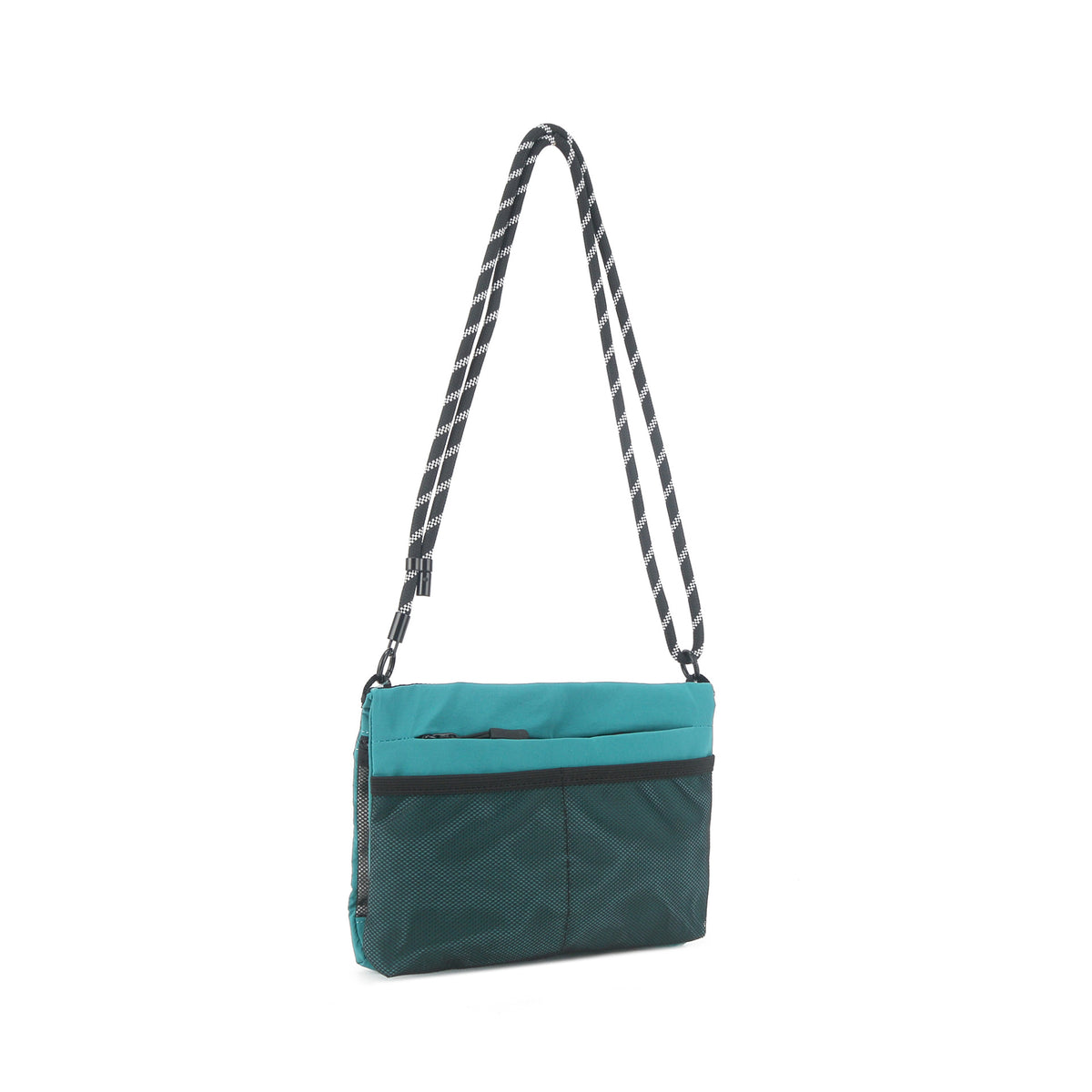 Flat rectangular crossbody bag with mesh front pocket, top zip closure, and adjustable patterned strap, detail view 7