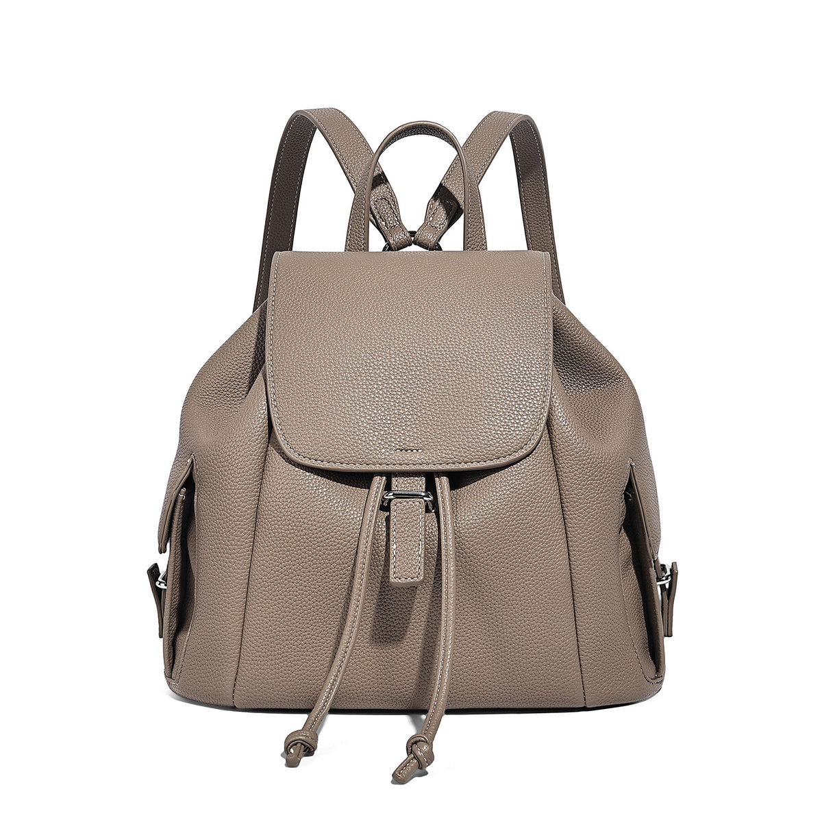 Compact pebbled leather-look flap drawstring backpack handbag with side pockets, top handle, and silver-tone hardware, detail