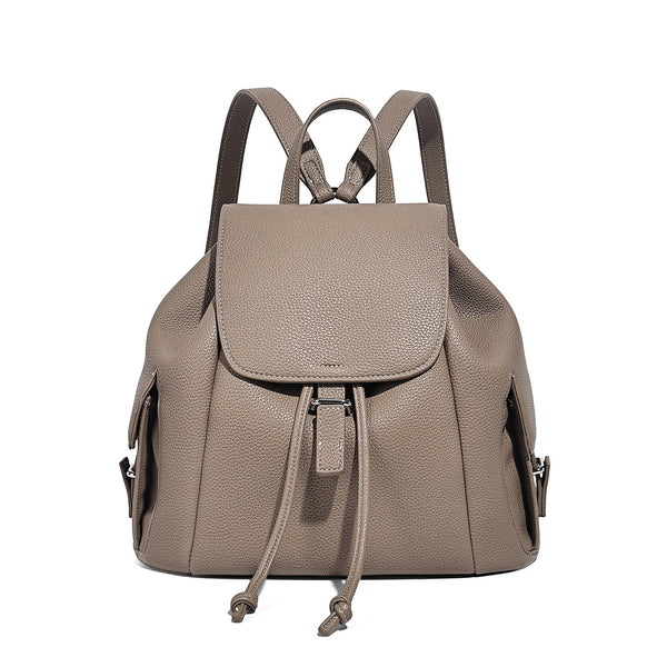 Compact pebbled leather-look flap drawstring backpack handbag with side pockets, top handle, and silver-tone hardware, detail