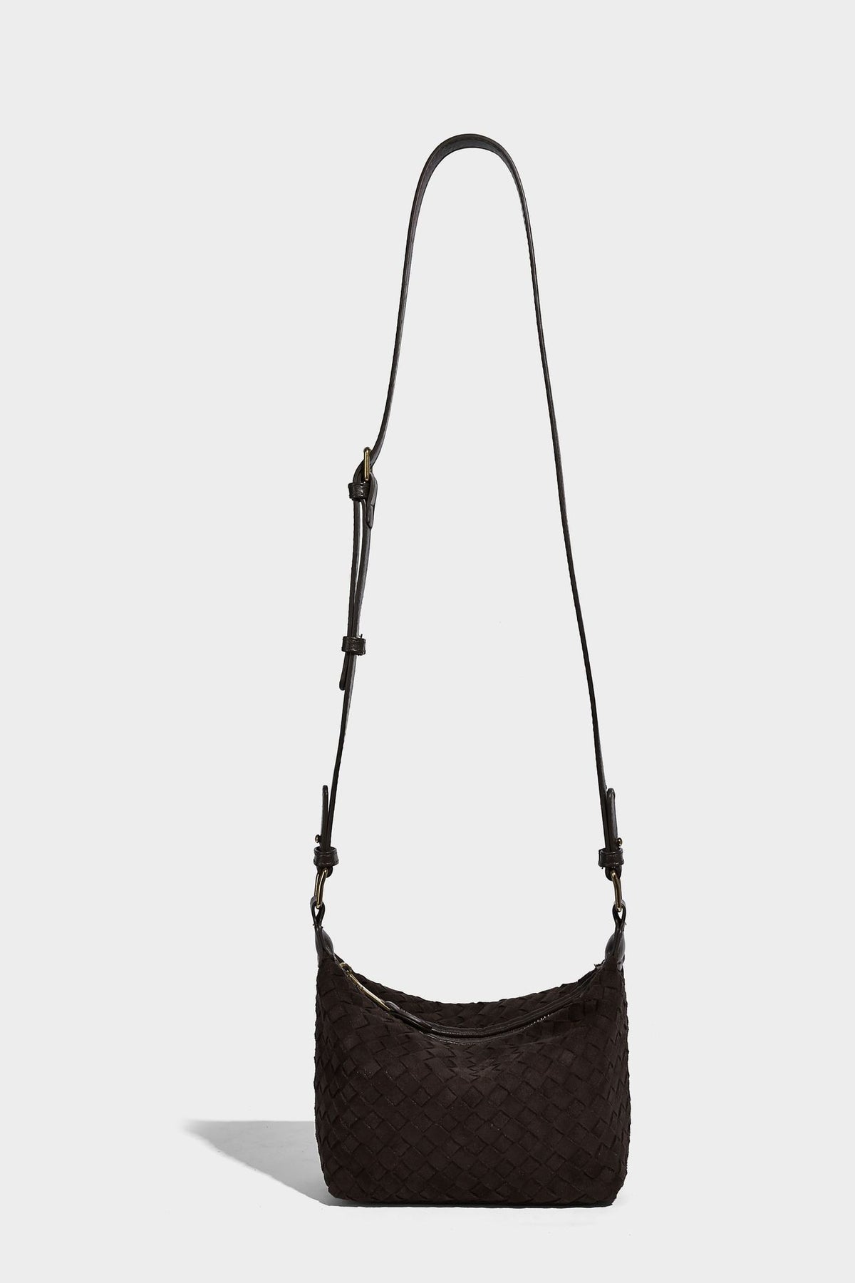 Small woven-texture crescent hobo bag in dark chocolate brown with top zip closure, gold-tone hardware, and adjustable