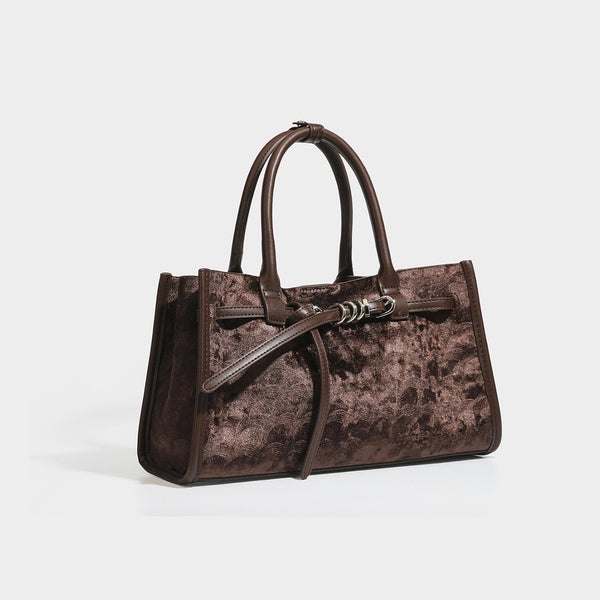Strukturierte rechteckige Tote-Bag mit melierten, samtähnlich strukturierten Einsätzen, glattem Kontrastbesatz und zwei abgerundeten Henkeln oben
