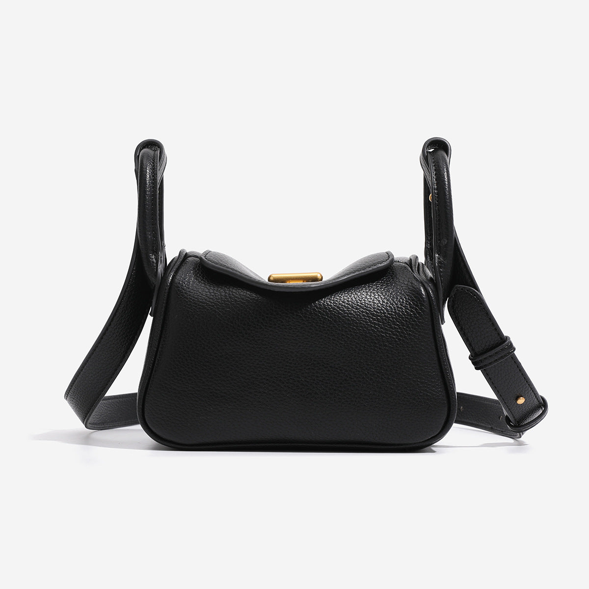 Mini structured flap shoulder bag in pebbled leather-look finish with gold-tone turn-lock closure and adjustable strap