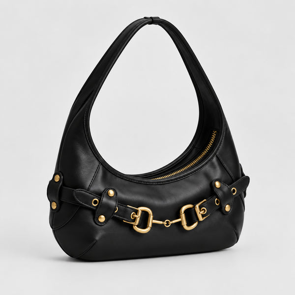 Matte suede-finish half-moon shoulder bag with gold horsebit bar hardware and dome studs, detail view 17