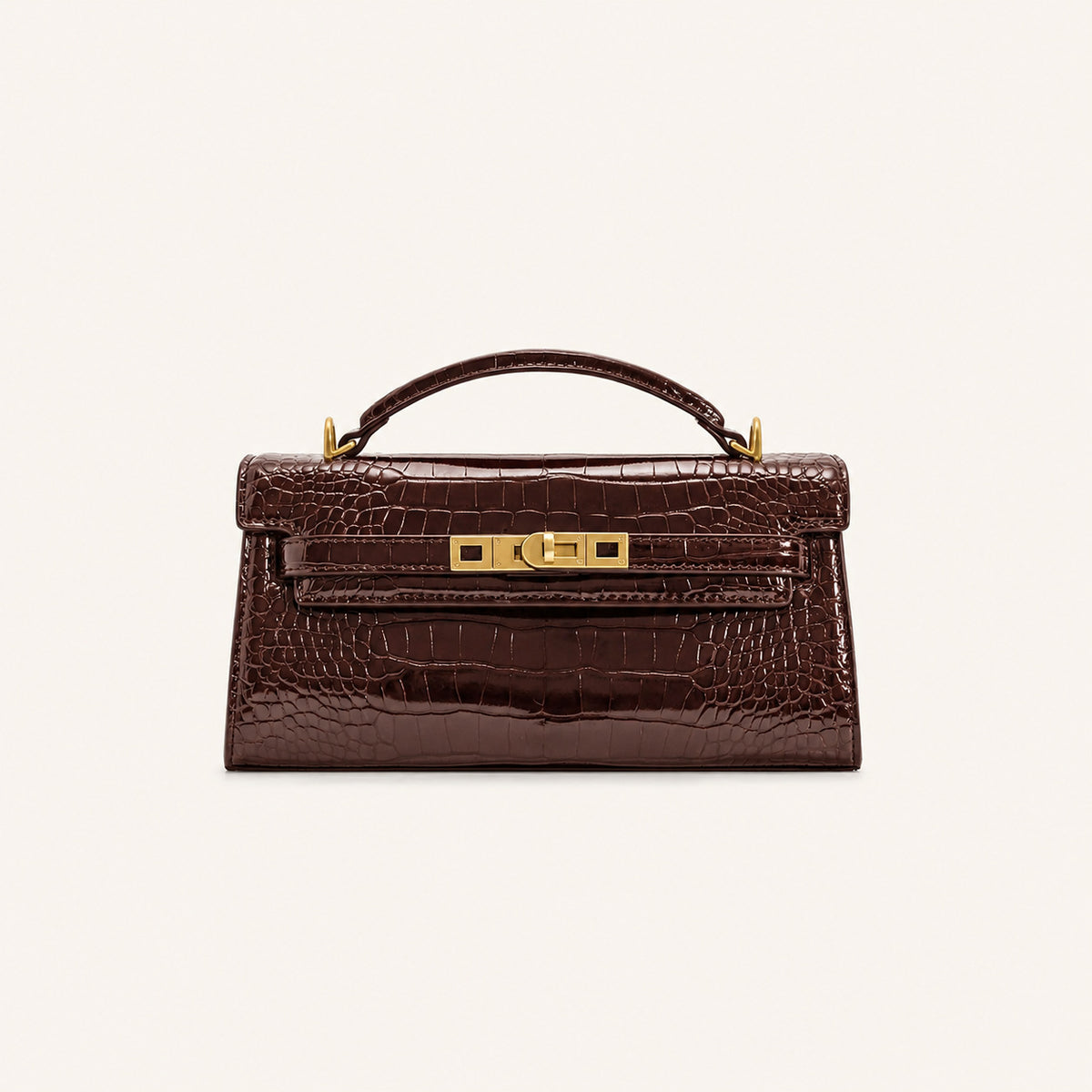 Strukturierte rechteckige Satchel-Tasche mit Krokodilprägung, goldfarbenem Drehverschluss und kurzem Henkel, Detailansicht 12