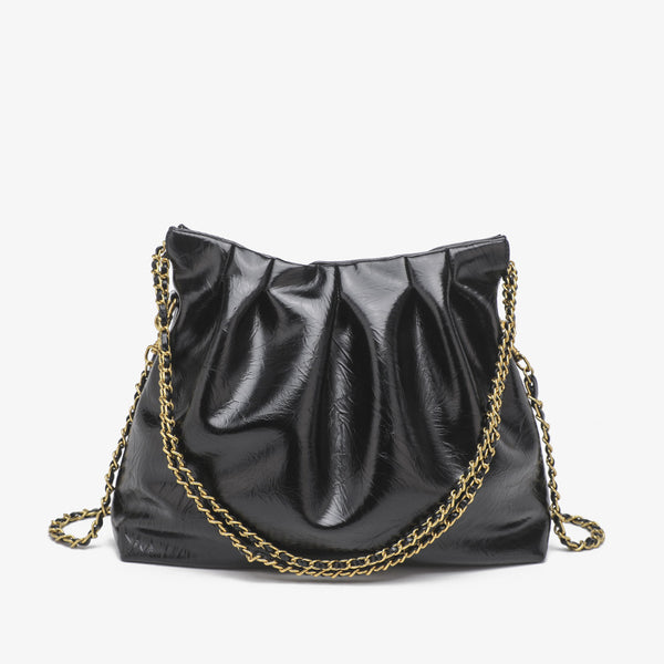 Ruched high-gloss leather-look hobo shoulder bag with gold-tone chain strap, front view