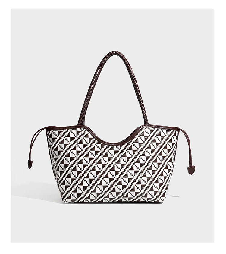 Woven geometric two-tone tote bag with braided shoulder straps and leather-look trim, detail view 14