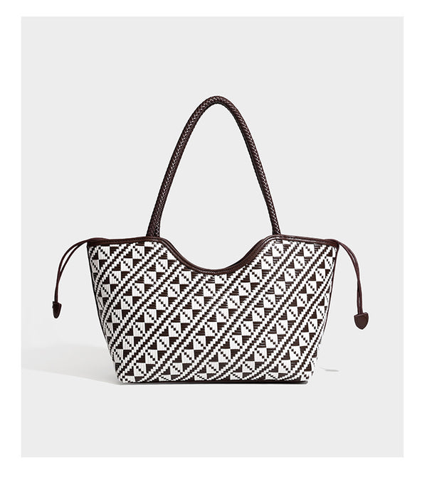 Woven geometric two-tone tote bag with braided shoulder straps and leather-look trim, detail view 14