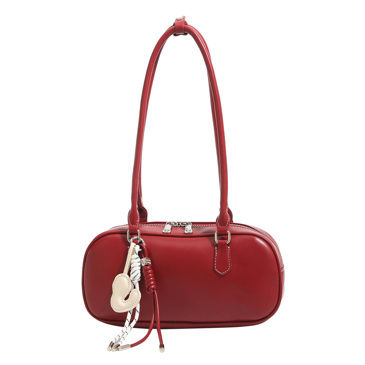 Compact rounded baguette shoulder bag with smooth leather-look finish, slim double straps, silver-tone zipper hardware, and